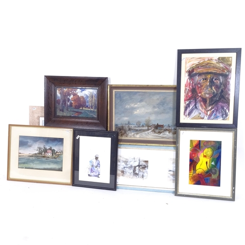 1362 - Various pictures and prints, including Alistair Kilburn, oil on board, winter landscape, Marie-Louis... 