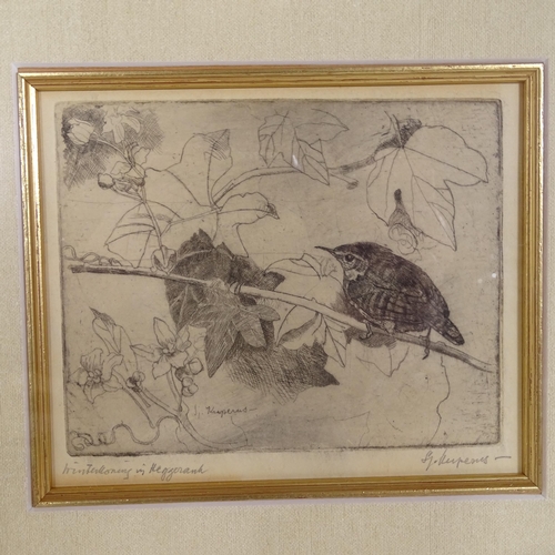 1365 - 2 German etchings, bird studies, indistinctly signed, and Frank H Mason, etching, Scarborough (3)