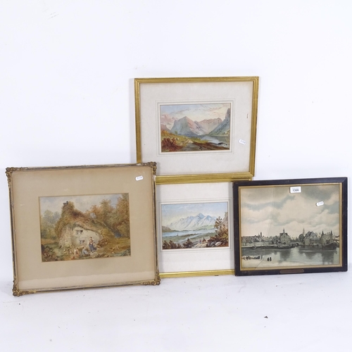 1366 - 19th century watercolour, country cottage, 2 other watercolours and print (4)