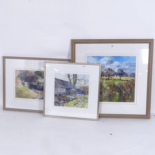 1367 - David Rust, 3 watercolours, countryside and farmyard scenes, signed, framed, largest overall 64cm x ... 