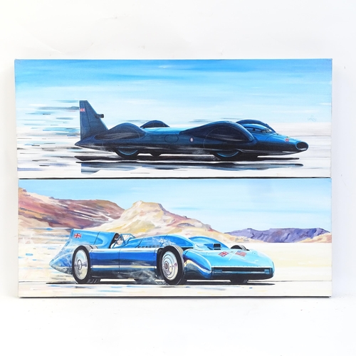 1374 - Daisy, 2 contemporary oils on canvas, Bluebell land speed record vehicles, signed, unframed, overall... 