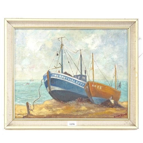 1376 - Mary Roux-Fox, oil on board, the two trawlers, signed, framed, overall 47cm x 58cm