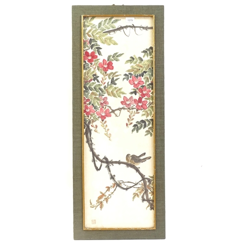 1379 - Chinese School, watercolour on silk, 2 birds, signed with chop and text, image 90cm x 35cm