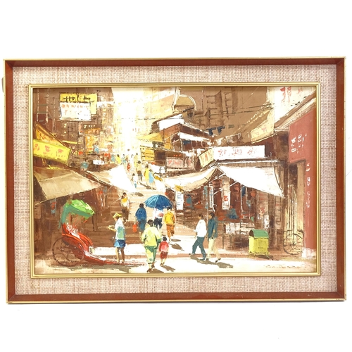 1380 - Fung Sao Fung (1926 - 2012), oil on canvas, Hong Kong street scene, 49cm x 75cm, Kowloon framing lab... 