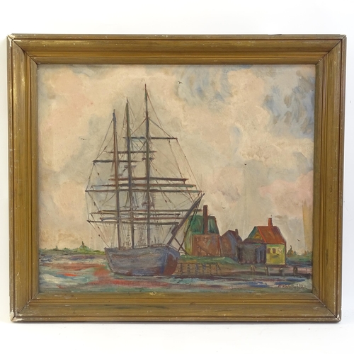 1384 - Roger Hall (1914 - 2005), oil on canvas, 3-masted sailing ship in a boatyard, signed, 62cm x 75cm, f... 