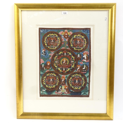 1386 - A Tibetan Buddhist hand painted and gilded watercolour thangka, framed, overall 80cm x 67cm