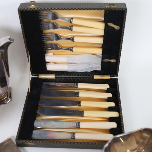 1121 - An engine turned silver cigarette case, a 3-piece silver plated tea set, and cased fish cutlery for ... 