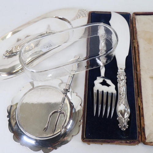 1132 - A KMF Cut-glass and silver plated sardine dish on stand, cased plated fish servers, toasting fork, a... 