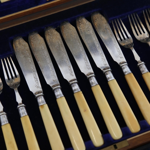 1137 - A canteen of engraved fish cutlery for 12 people, oak-cased, and 5 other cased sets of cutlery and s... 