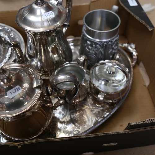 1146 - A Pilgrim silver plated 4-piece tea and coffee set, pewter tankard, serving trays, swing-handled bas... 