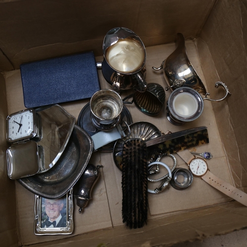 1150 - Silver plated entree dish and cover, milk jugs, wristwatches etc (boxful)