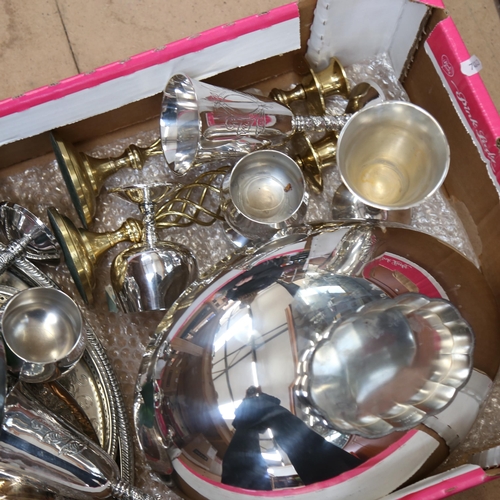 1155 - Engraved silver plated goblets, table candelabra, serving trays etc (boxful)