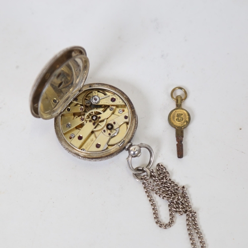 1166 - An early 20th century engraved silver-cased key-wind fob watch, with silver chain and key