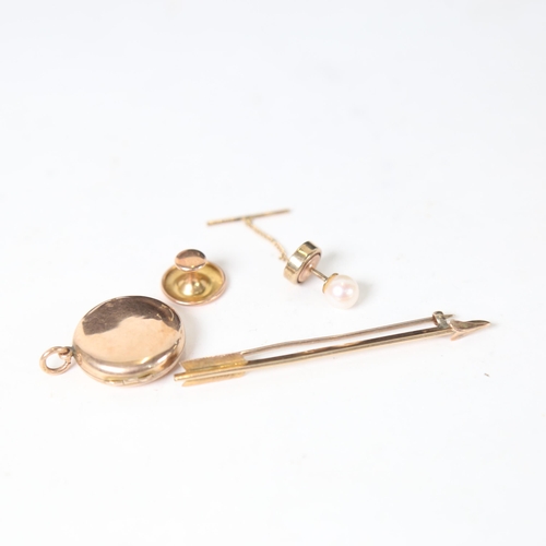 1244 - A 9ct gold arrow design tie pin, a 9ct gold locket, a 9ct gold stud etc, 7g