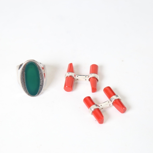 1245 - A silver and stone set dress ring, and a pair of silver and coral-mounted cufflinks