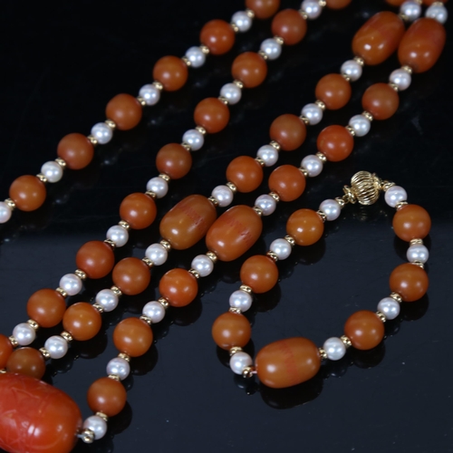 1254 - A single-row amber bead and pearl sautoir necklace, and a matching amber and pearl bead bracelet, wi... 