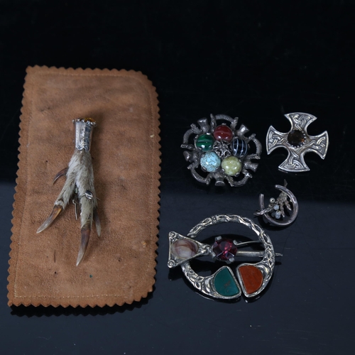 1257 - 3 Scottish design brooches, and a claw design brooch with stone set end