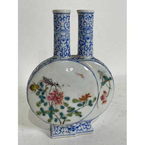 726 - A Chinese porcelain conjoined double bottle vase, Shuanglian Ping, hand painted and enamelled grassh... 