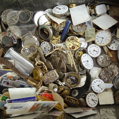 262 - Various collectables, including Antique watch movements, miniature brass candlesticks, coins, postca... 