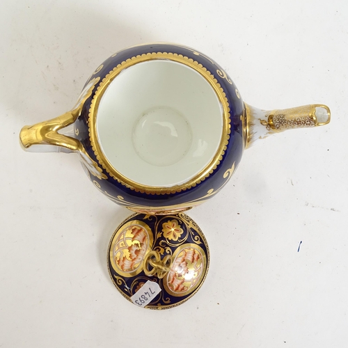 336 - 19th century hand painted and gilded porcelain 2-handled sugar bowl on stand, and a similar blue gro... 