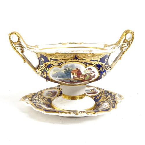 336 - 19th century hand painted and gilded porcelain 2-handled sugar bowl on stand, and a similar blue gro... 