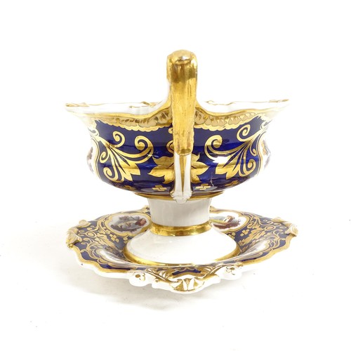 336 - 19th century hand painted and gilded porcelain 2-handled sugar bowl on stand, and a similar blue gro... 