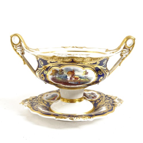 336 - 19th century hand painted and gilded porcelain 2-handled sugar bowl on stand, and a similar blue gro... 