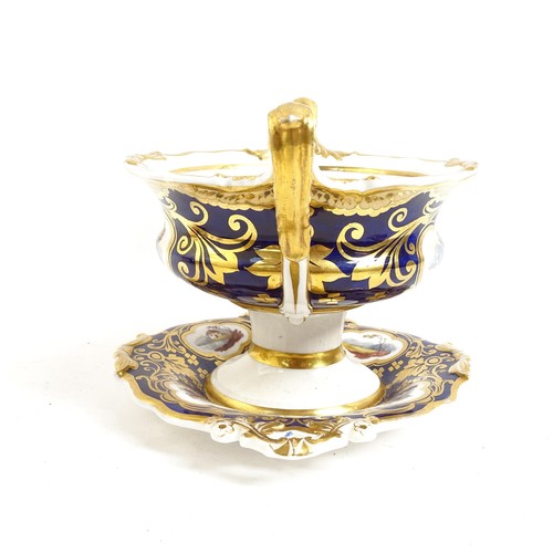 336 - 19th century hand painted and gilded porcelain 2-handled sugar bowl on stand, and a similar blue gro... 