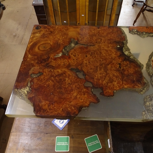 2098 - A late 20th century resin coffee table, with embedded teak rootwood, IK maker's logo in the resin, L... 