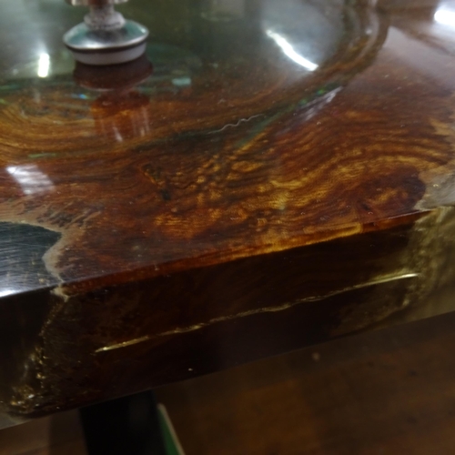 2098 - A late 20th century resin coffee table, with embedded teak rootwood, IK maker's logo in the resin, L... 