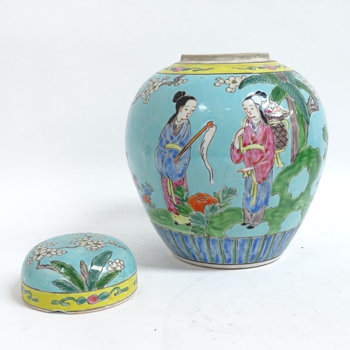 411 - A large Chinese pottery jardiniere, a ginger jar, Denby etc (boxful)