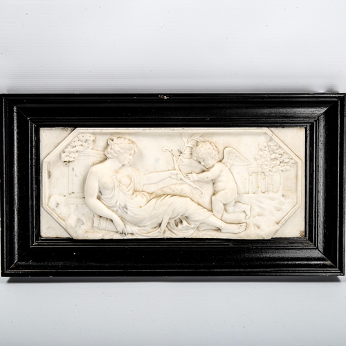 1002 - A 19th century relief carved white marble plaque, depicting Classical figures and temple buildings, ... 