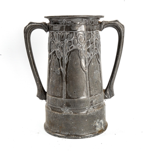 1005 - Liberty Tudric pewter 2-handled vase, with relief moulded stylised tree design 