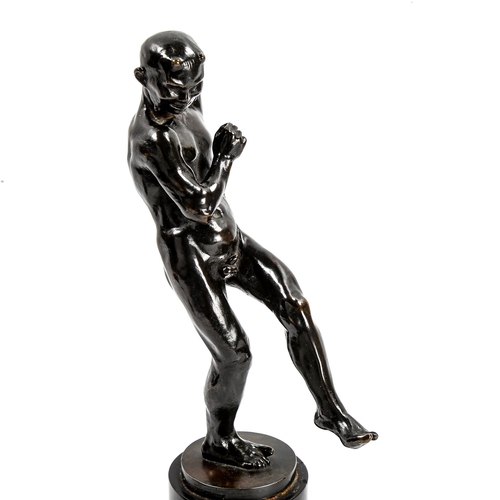 1007 - Hugo Pelargus (1861 - 1931), a patinated bronze sculpture, dancing satyr, signed, on black marble pl... 