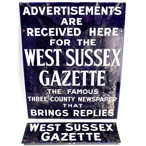 1012 - 2 early 20th century blue and white enamel advertising signs for The West Sussex Gazette, 47cm x 38c... 