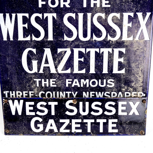 1012 - 2 early 20th century blue and white enamel advertising signs for The West Sussex Gazette, 47cm x 38c... 