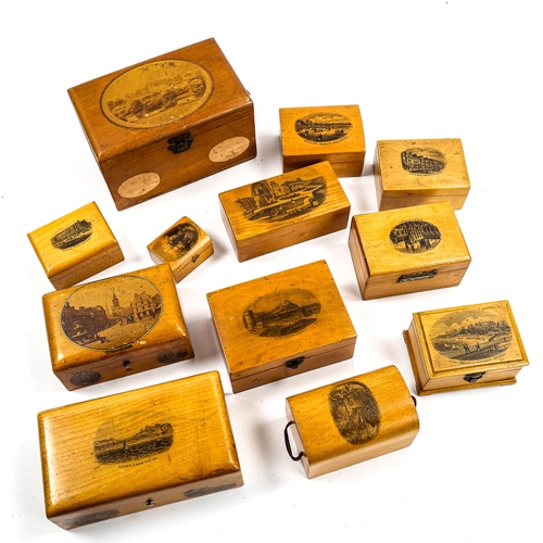 1033 - A collection of Victorian Mauchline Ware boxes, including scenes at Dumfries, Dover, Hastings, and S... 