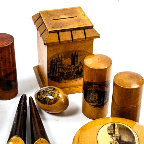 1034 - A collection of Victorian Mauchline Ware boxes and treen, including a pair of paper knives, a pair o... 