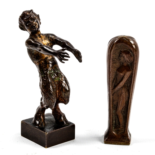 1039 - A miniature patinated bronze figure of a satyr, circa 1900, unsigned, height 7cm, and a patinated br... 