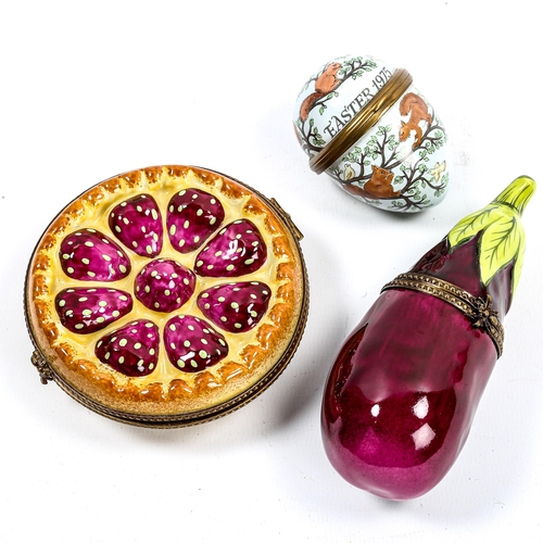 1040 - A Limoges enamel novelty box in the form of a strawberry pie, diameter 8.56cm, a Limoges novelty gou... 