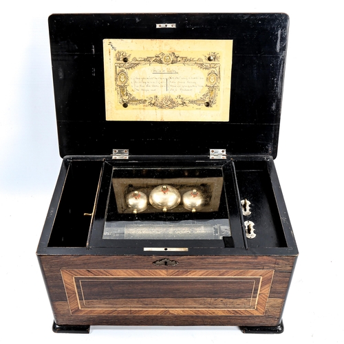 1051 - A 19th century Swiss musical box playing 8 airs on a 15.5cm cylinder and 3 bells, simulated rosewood... 