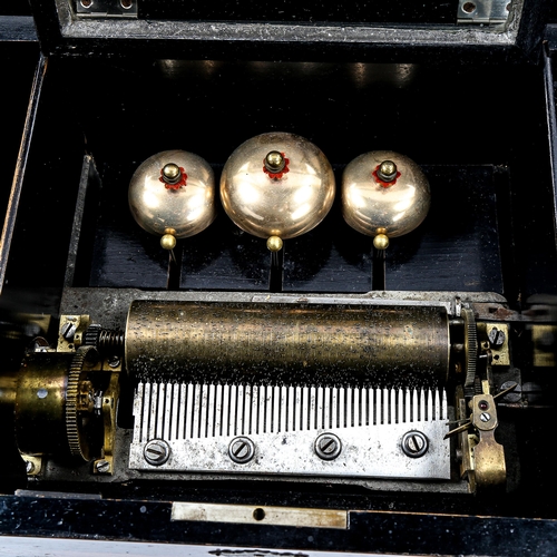 1051 - A 19th century Swiss musical box playing 8 airs on a 15.5cm cylinder and 3 bells, simulated rosewood... 