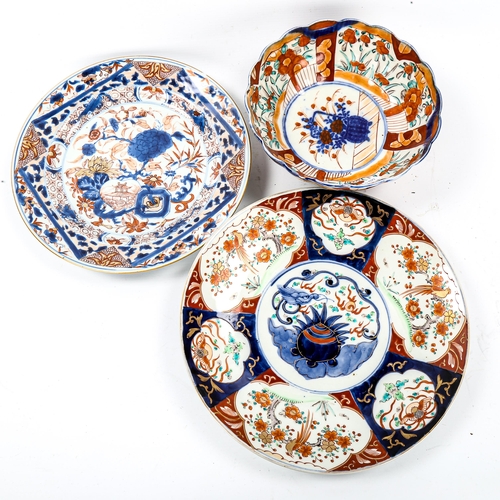 1057 - 2 Chinese Imari pattern plates, largest 30cm diameter, and a Chinese porcelain bowl