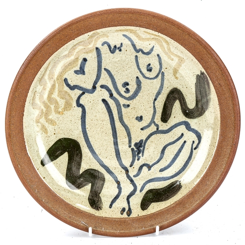 1061 - Studio pottery plate with painted female nude, impressed Studio mark, diameter 26cm