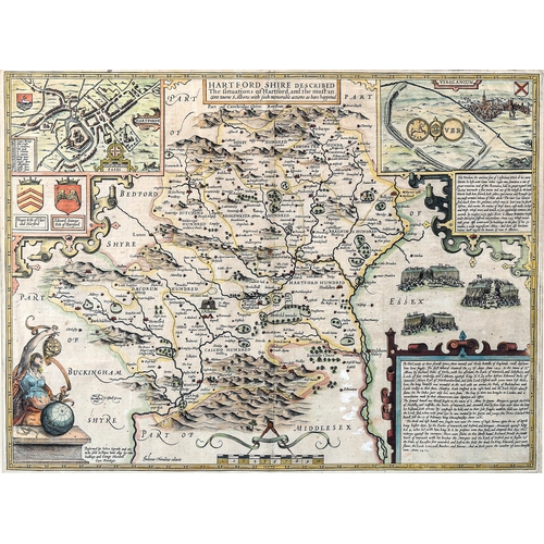 1064 - John Speede, Map Of Hartfordshire published 1616, original hand coloured engraving, image 39cm x 51c... 