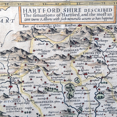 1064 - John Speede, Map Of Hartfordshire published 1616, original hand coloured engraving, image 39cm x 51c... 