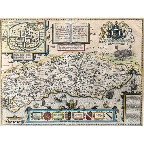 1065 - John Speede, Map Of Sussex published 1614, original hand coloured engraving, image 39cm x 51cm, mode... 