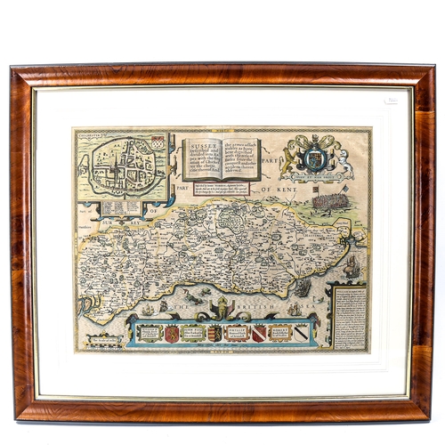 1065 - John Speede, Map Of Sussex published 1614, original hand coloured engraving, image 39cm x 51cm, mode... 