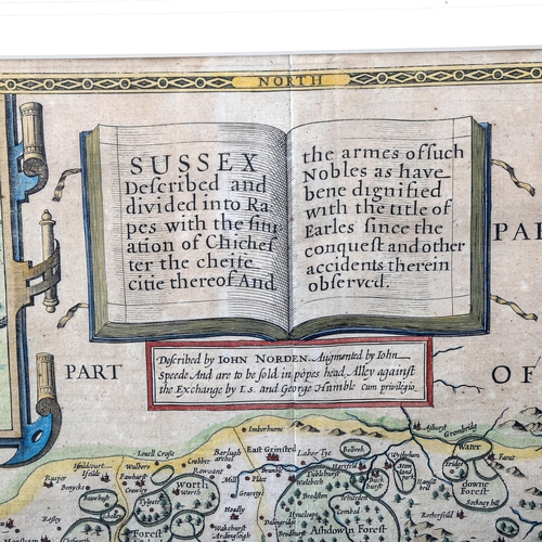 1065 - John Speede, Map Of Sussex published 1614, original hand coloured engraving, image 39cm x 51cm, mode... 