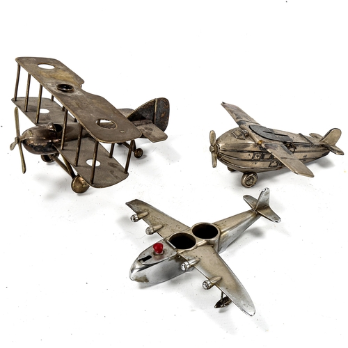 1086 - 3 Art Deco nickel plate novelty model aircraft, bi-plane wingspan 22cm (3)